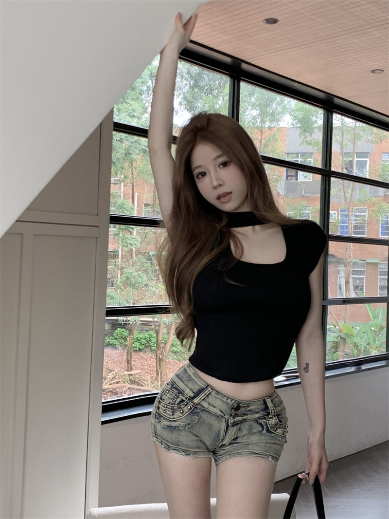 💕美式復古辣妹掛脖修身顯瘦短款上衣