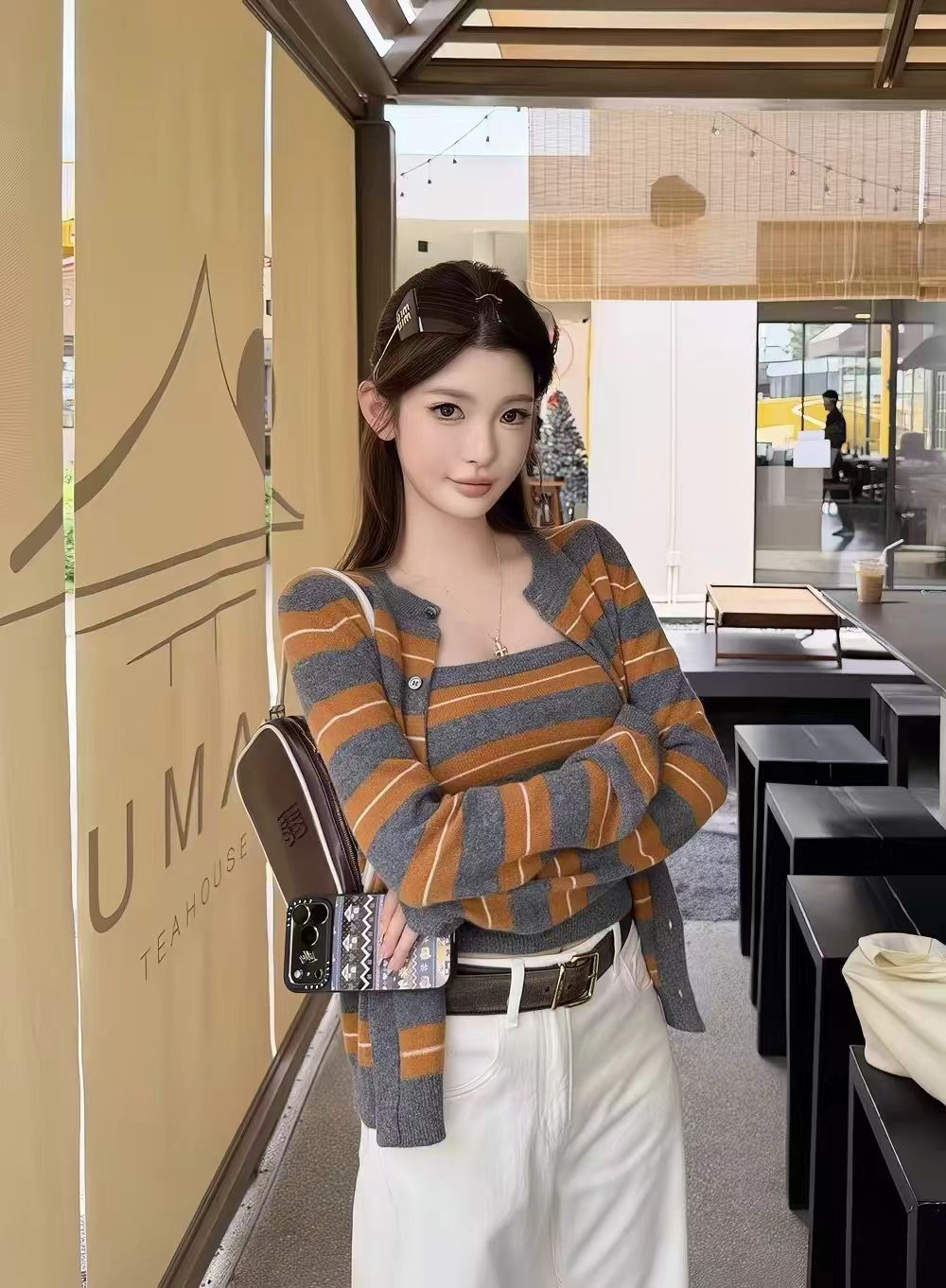 💕法式復古條紋針織開衫抹胸兩件套