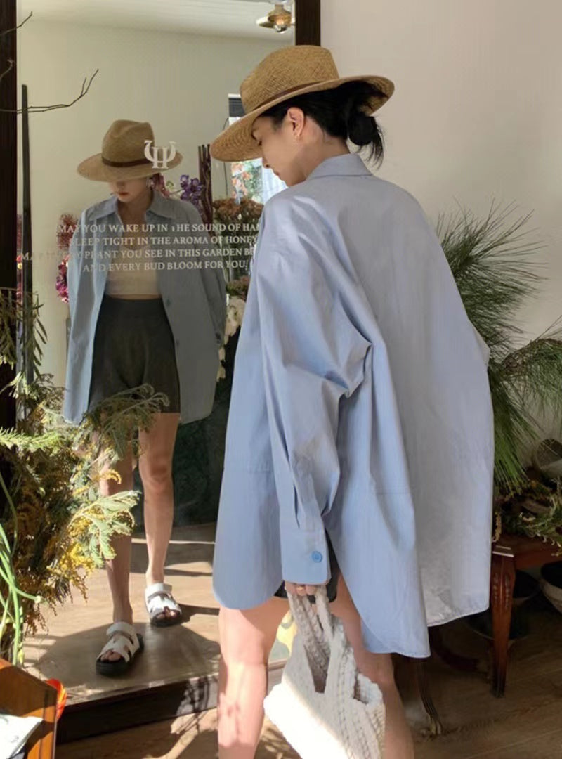 💕春夏藍色POLO領中長款休閒長袖襯衫