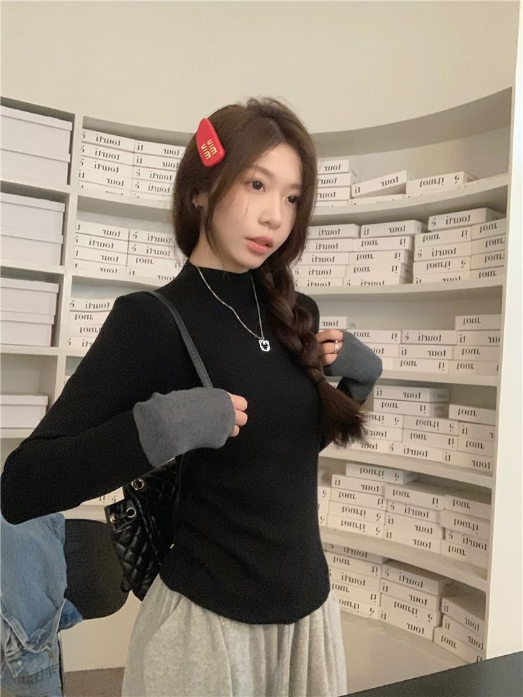 💕通勤百搭撞色長袖針織修身打底上衣