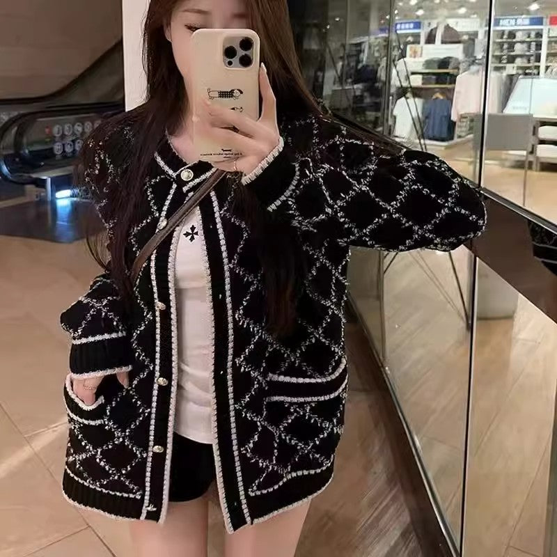 💕心動設計菱格毛衣灰色針織衫