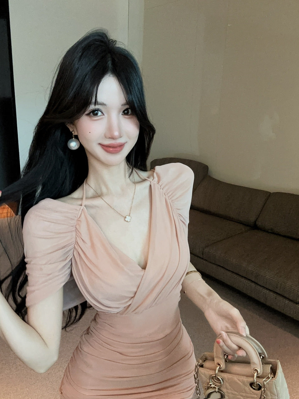 💕約會性感網紗綁帶包臀假兩件連身裙
