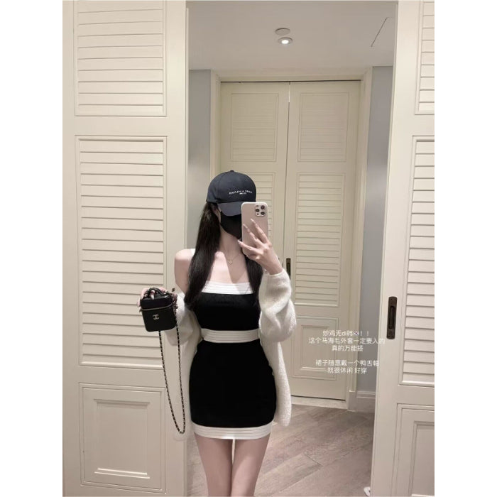 💕韓系撞色拼接吊帶冰絲連身裙