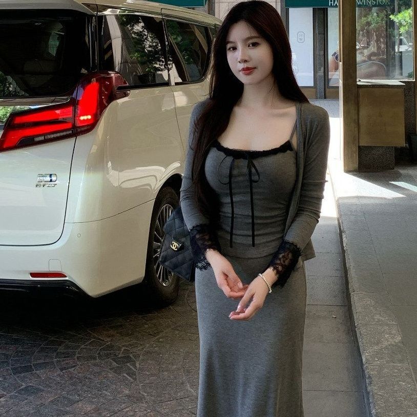💕溫柔御姊休閒蕾絲吊帶半身裙三件套