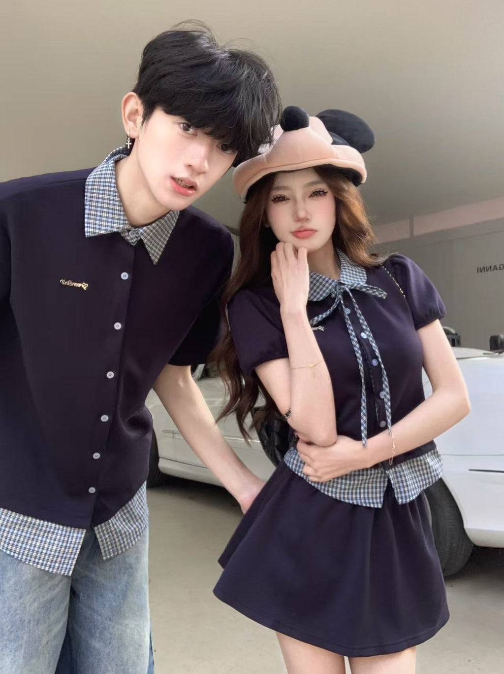💕韓系學院風假兩件拼接翻領格子襯衫情侶裝