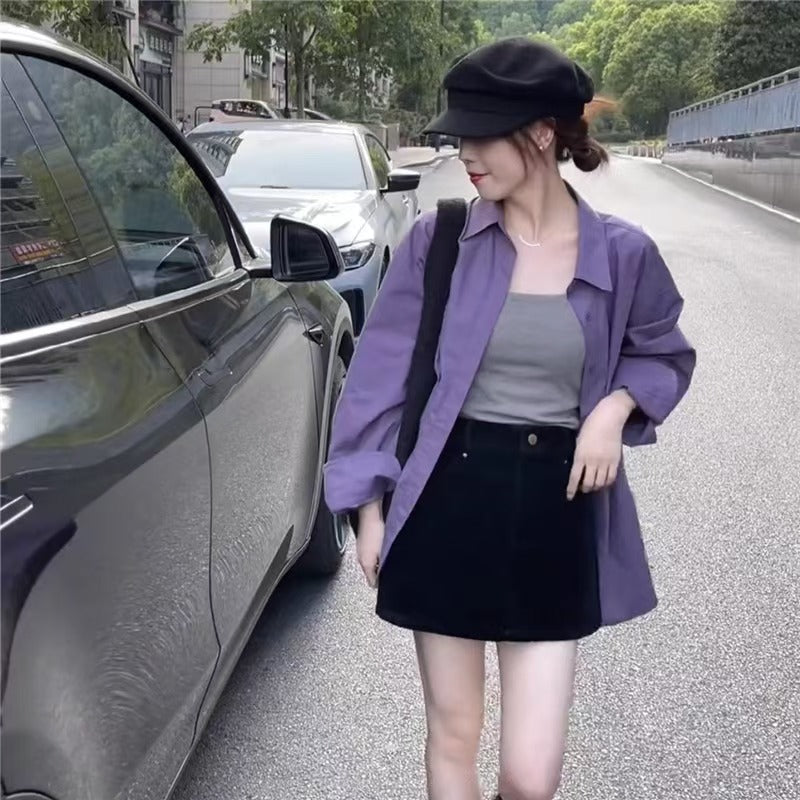 💕高級感溫柔韓系chic紫色襯衫外搭上衣