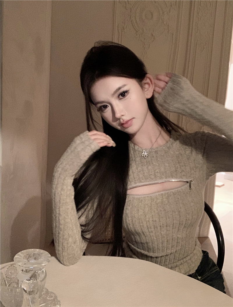 💕氣質柔軟可拉拉鍊圓領針織長袖打底衫