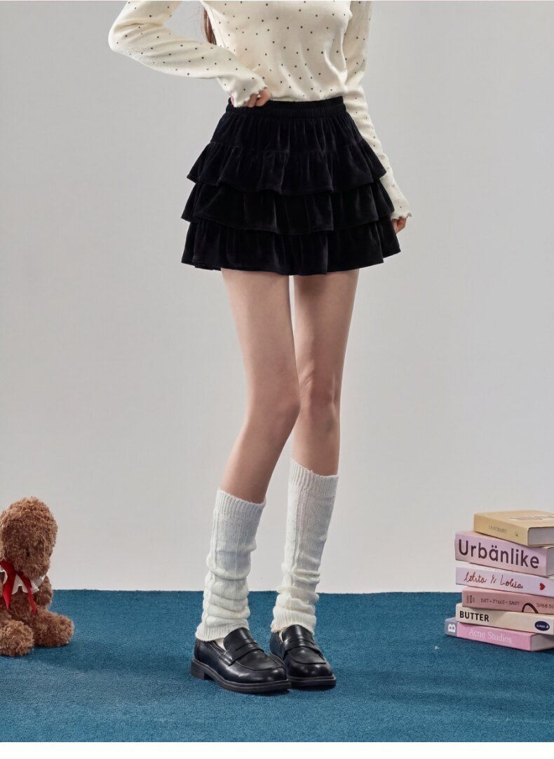 💕韓系雙面絨溫柔蛋糕高腰顯瘦半身裙