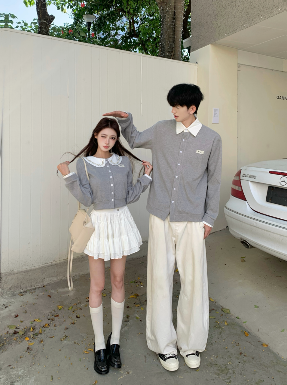 💕富家千金miu系學院娃娃領開衫情侶裝