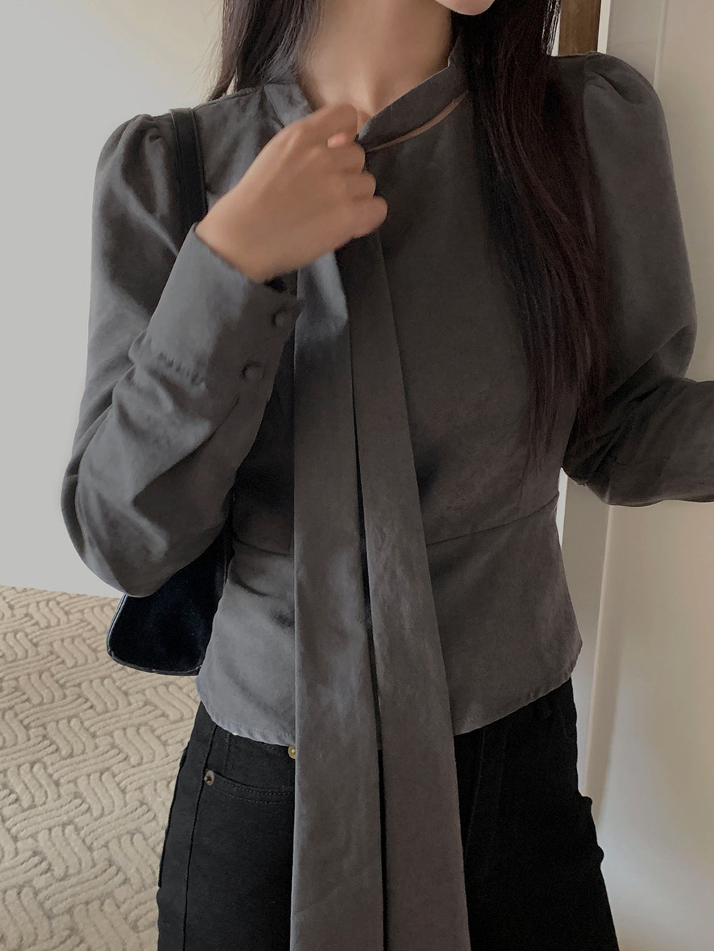 💕ins溫柔飄帶蝴蝶結泡泡袖修身顯瘦上衣
