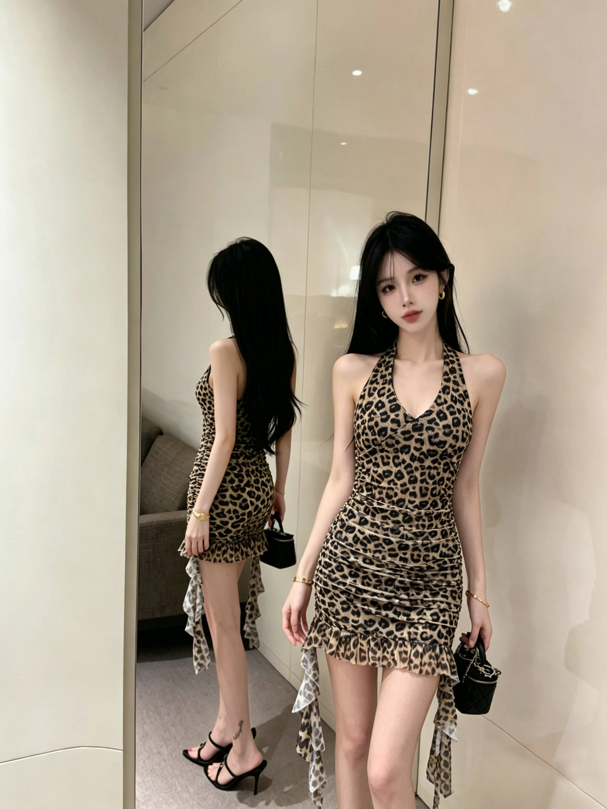 💕豹紋露背網紗流蘇包臀短裙