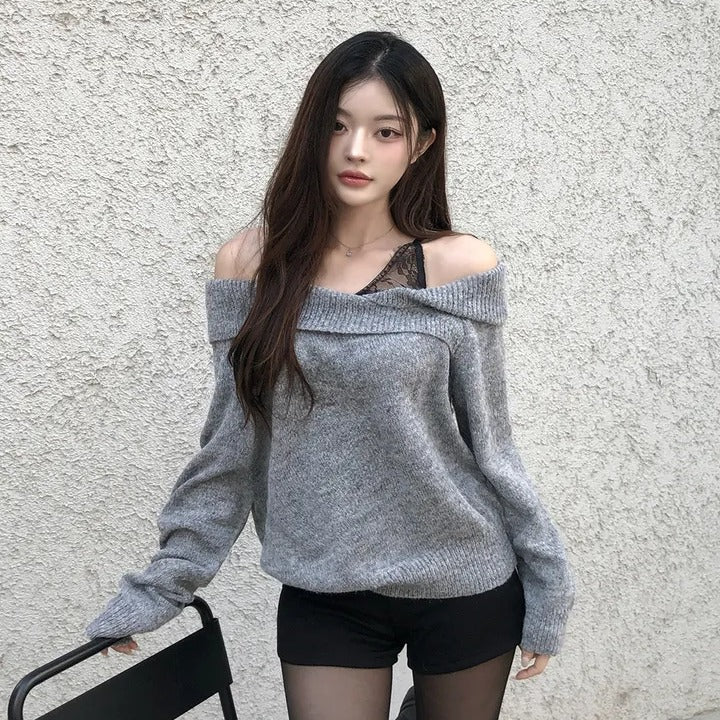 💕chic秋季假兩件蕾絲花邊打底一字肩針織上衣