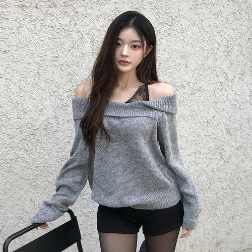 💕chic秋季假兩件蕾絲花邊打底一字肩針織上衣