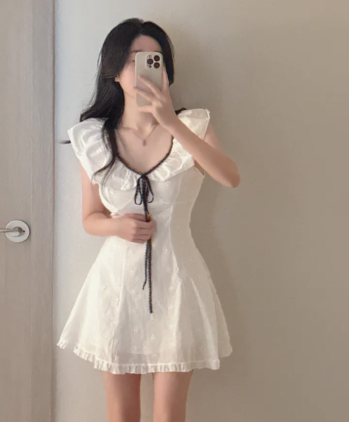💕chic收腰顯瘦蝴蝶結系繩連衣裙