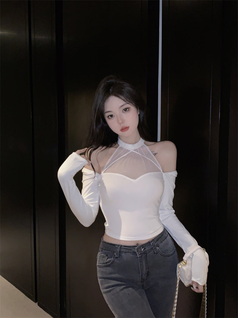 💕網紗拼接露肩長袖顯瘦上衣