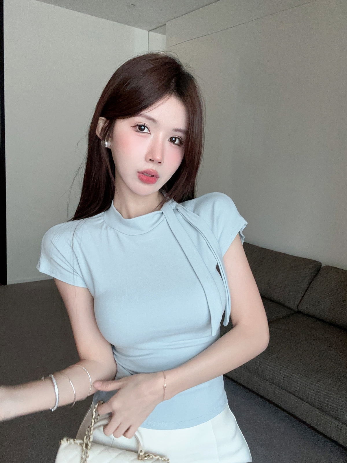 💕夏季設計款系帶圍巾領T袖上衣