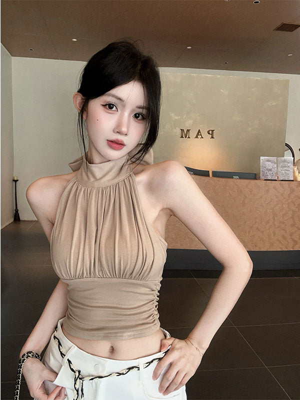 💕掛脖飄帶帶胸墊收腰無袖露肩上衣