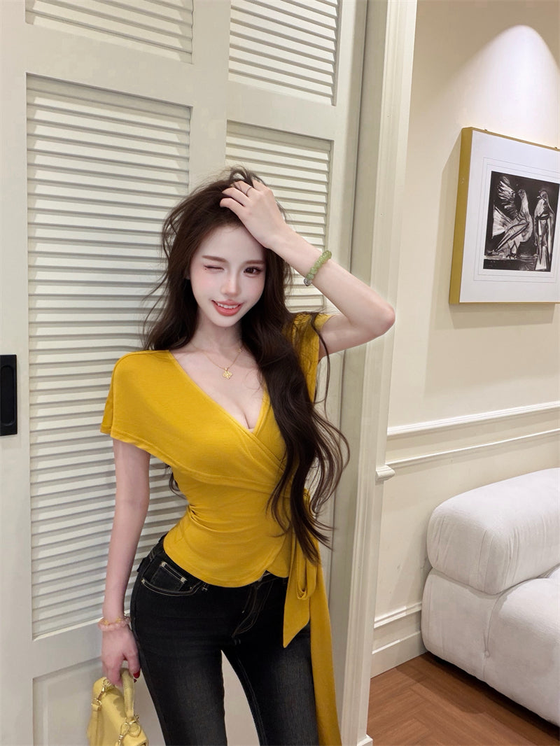 💕氣質優雅交叉V領綁帶T袖上衣