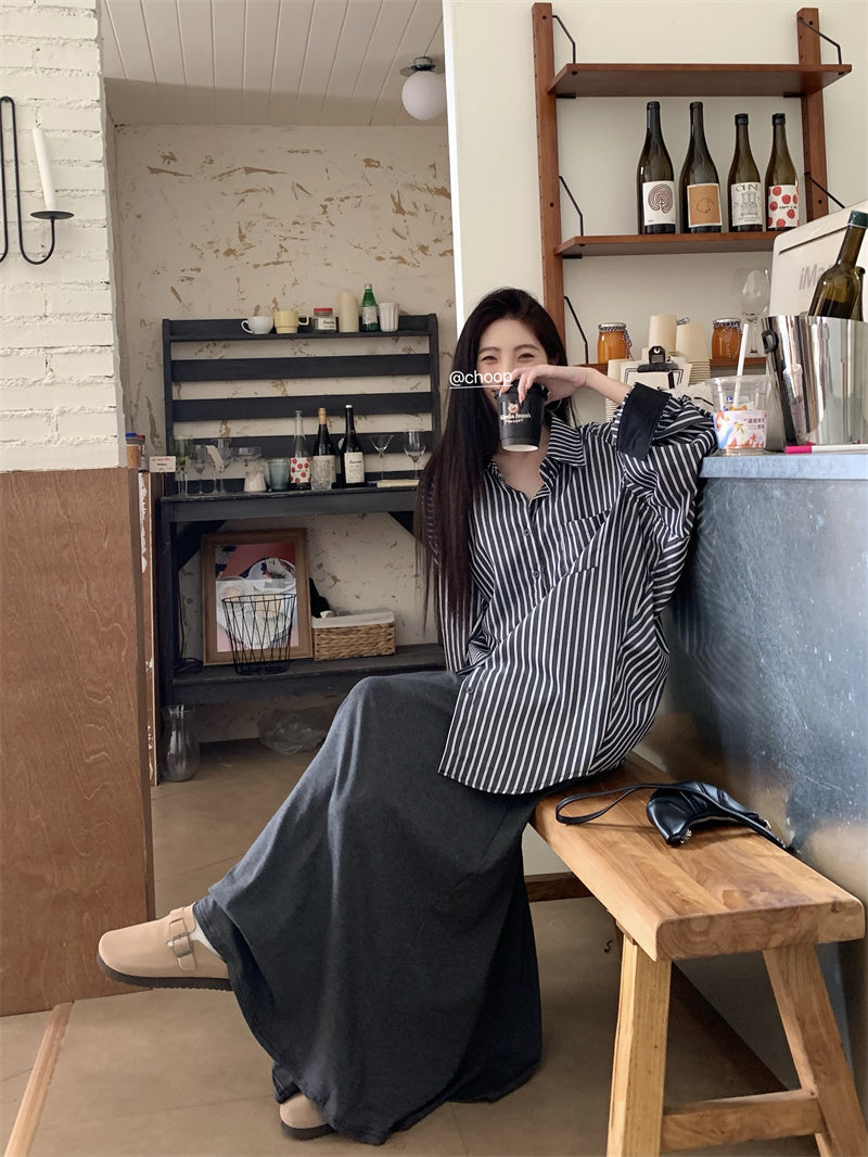 💕休閒條紋口袋襯衫撞色上衣套裝