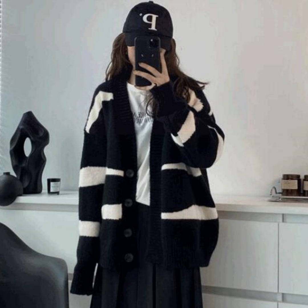 💕秋冬百搭慵懶黑白條紋奶甜毛衣外套