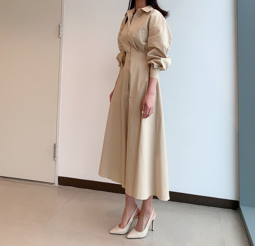 💕chic通勤簡約法式收腰顯瘦襯衫連身長裙