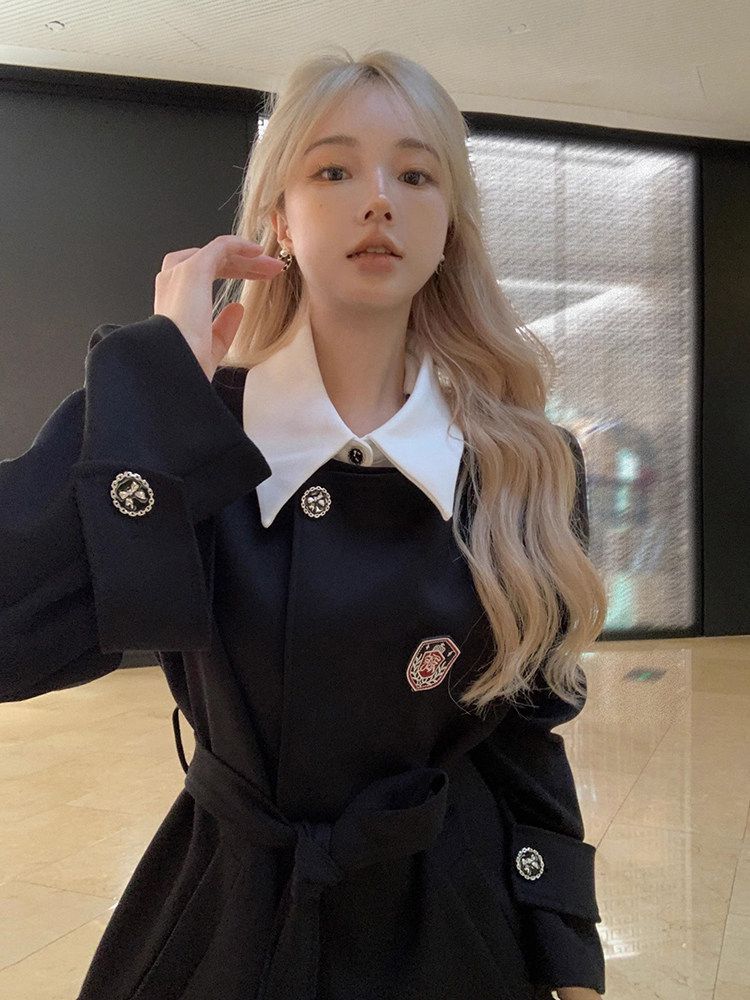 💕春季高級感小香風黑色收腰西服假兩件上衣套裝