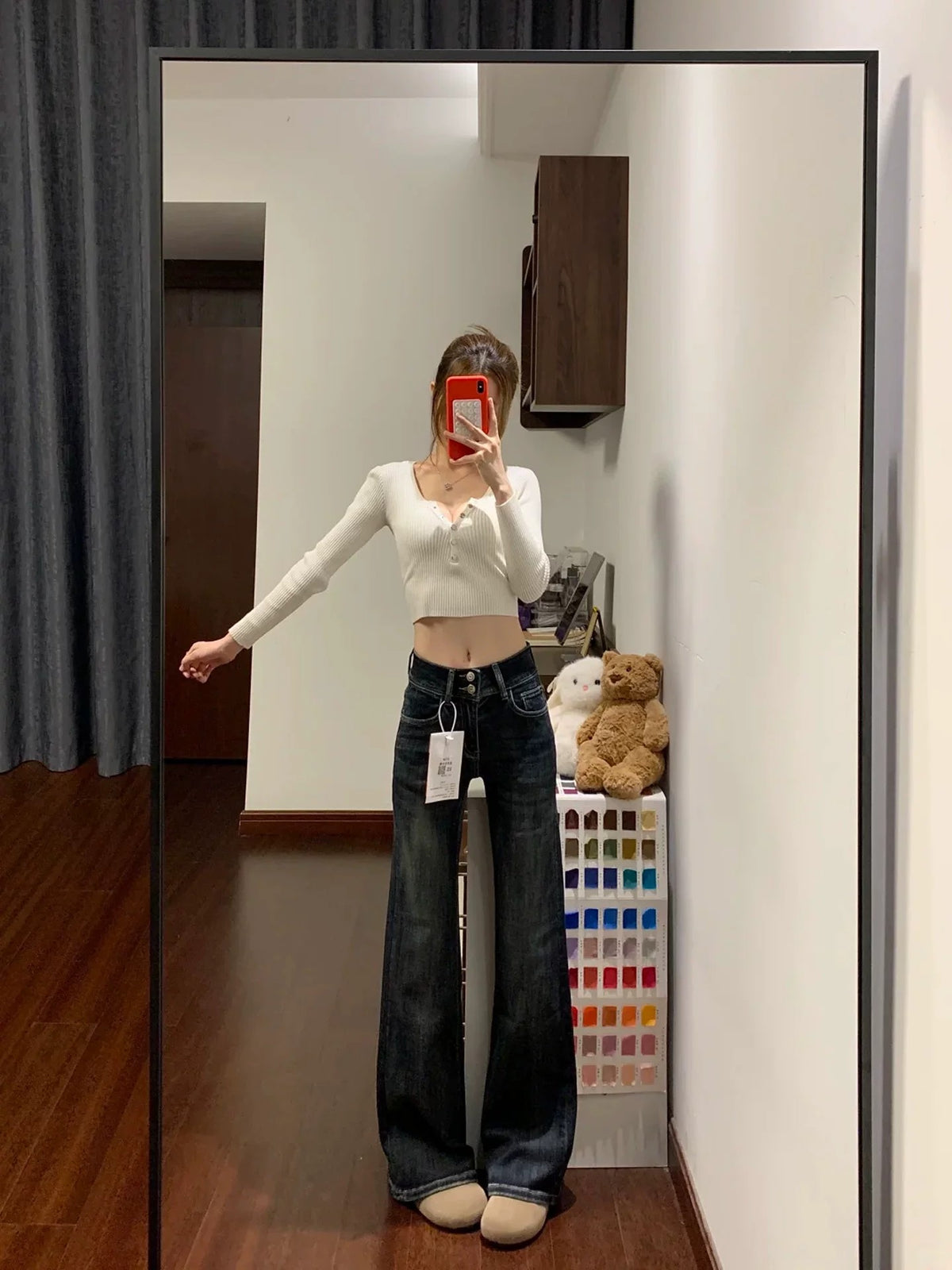 💕復古微喇叭直筒牛仔長褲(胖MM友善)