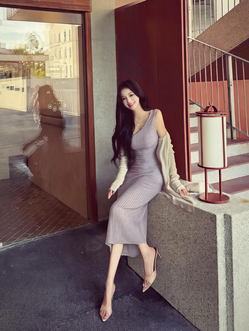 💕簡約百搭圓領吊帶收腰包臀連身裙+開衫