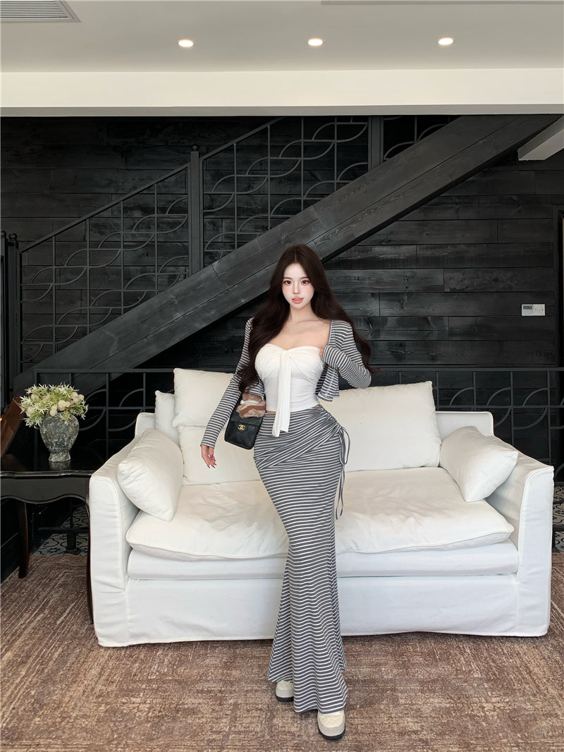 💕氣質純欲短款吊帶高腰條紋三件套