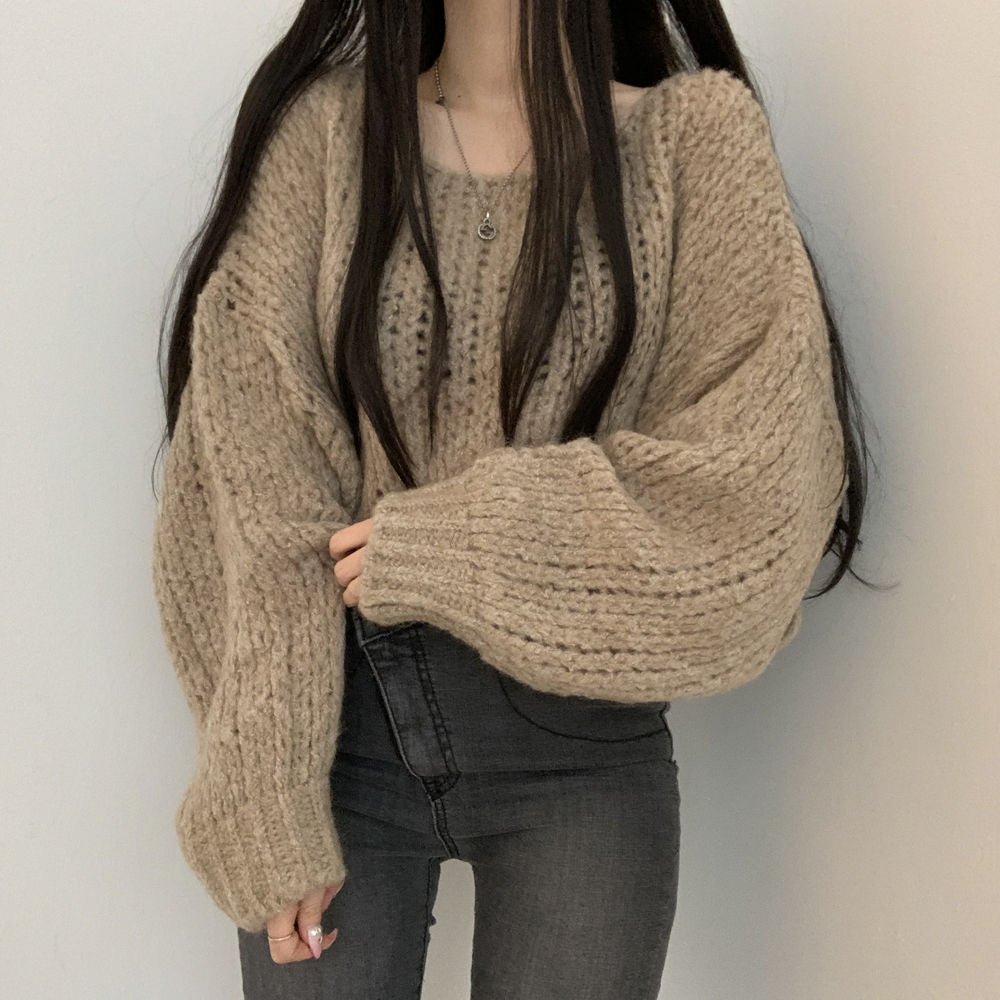 💕韓系chic春秋百搭寬鬆燈籠袖針織上衣