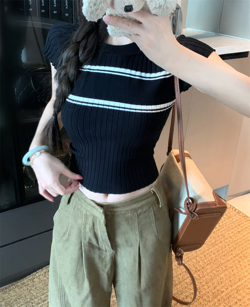 💕撞色條紋短袖針織圓領上衣