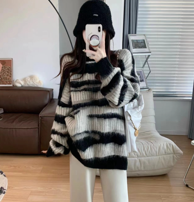 💕韓系ins秋冬撞色條紋慵懶中長毛衣針織衫
