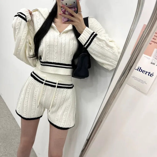 💕chic韓系秋冬簡約翻領毛衣兩件套