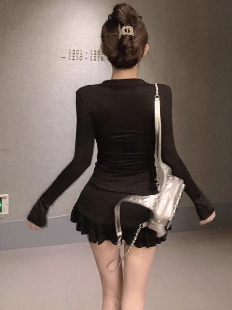 💕氣質百搭深V領收腰顯瘦高腰百褶裙兩件套