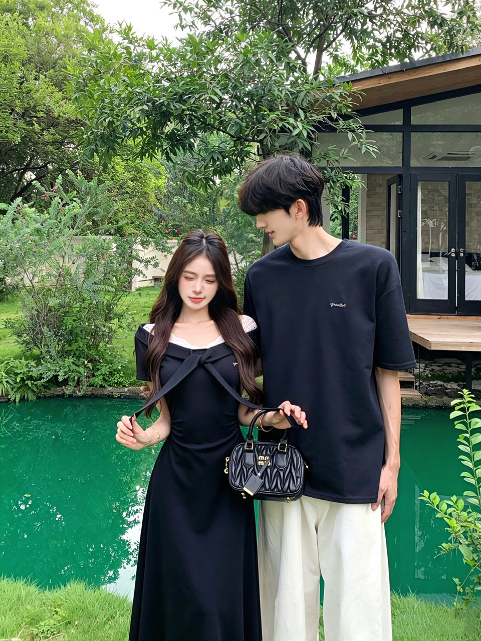 💕夏季法式V領蕾絲系帶假兩件連身裙情侶套裝