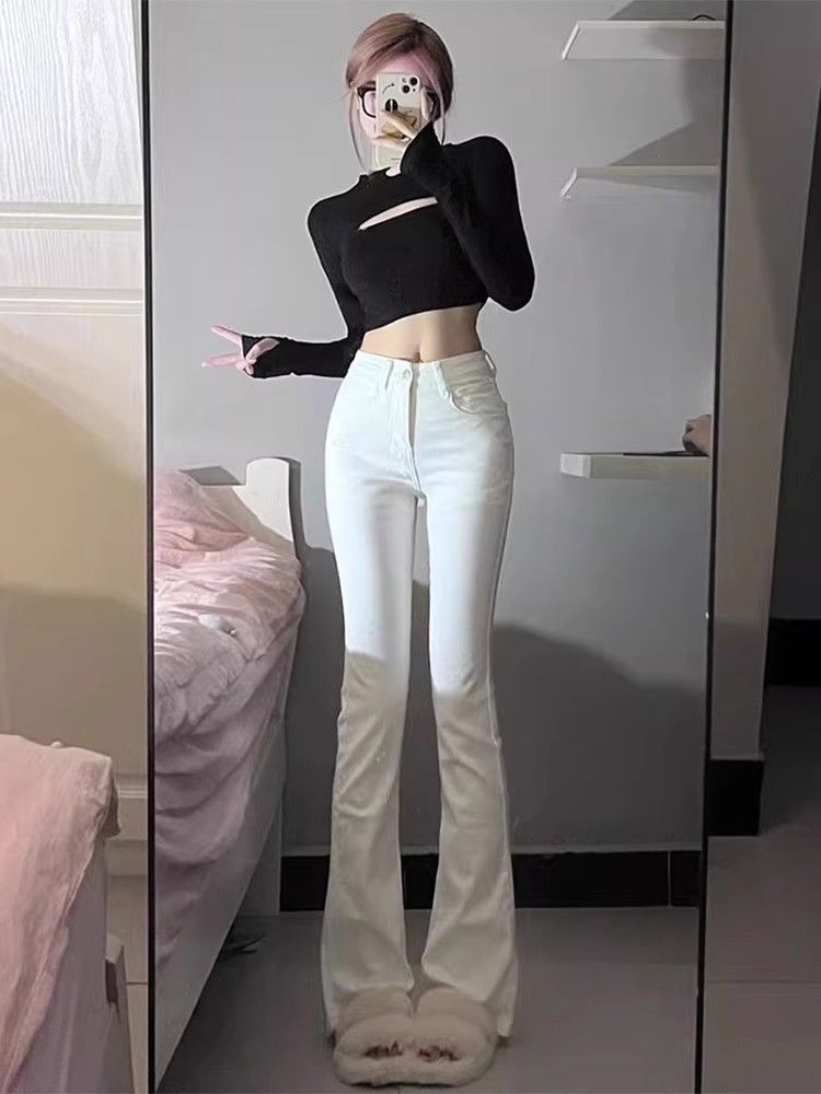 💕春夏白色顯瘦高腰喇叭牛仔褲