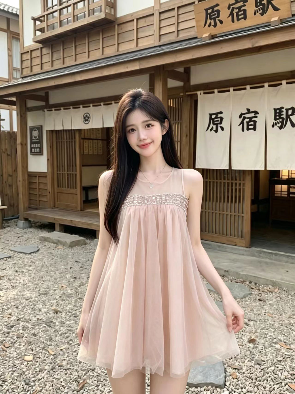 💕法式溫柔網紗無袖澎澎連衣裙
