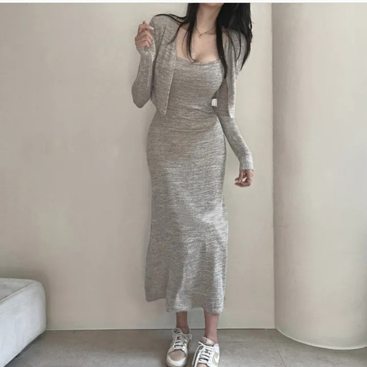 💕春季高腰吊帶包臀連衣裙+薄款長袖開衫兩件套