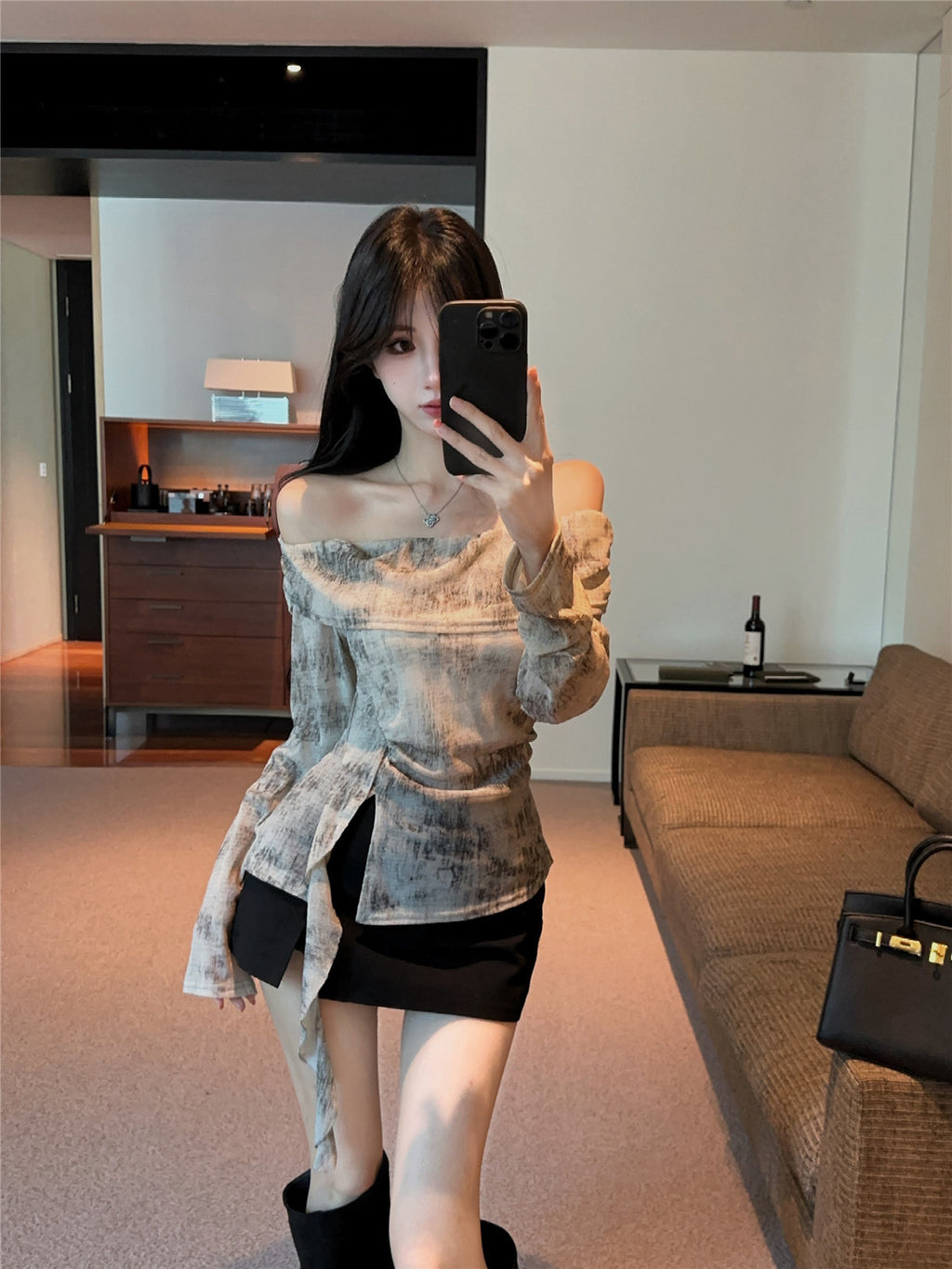 💕氣質杏色點點一字肩顯瘦不規則長袖上衣