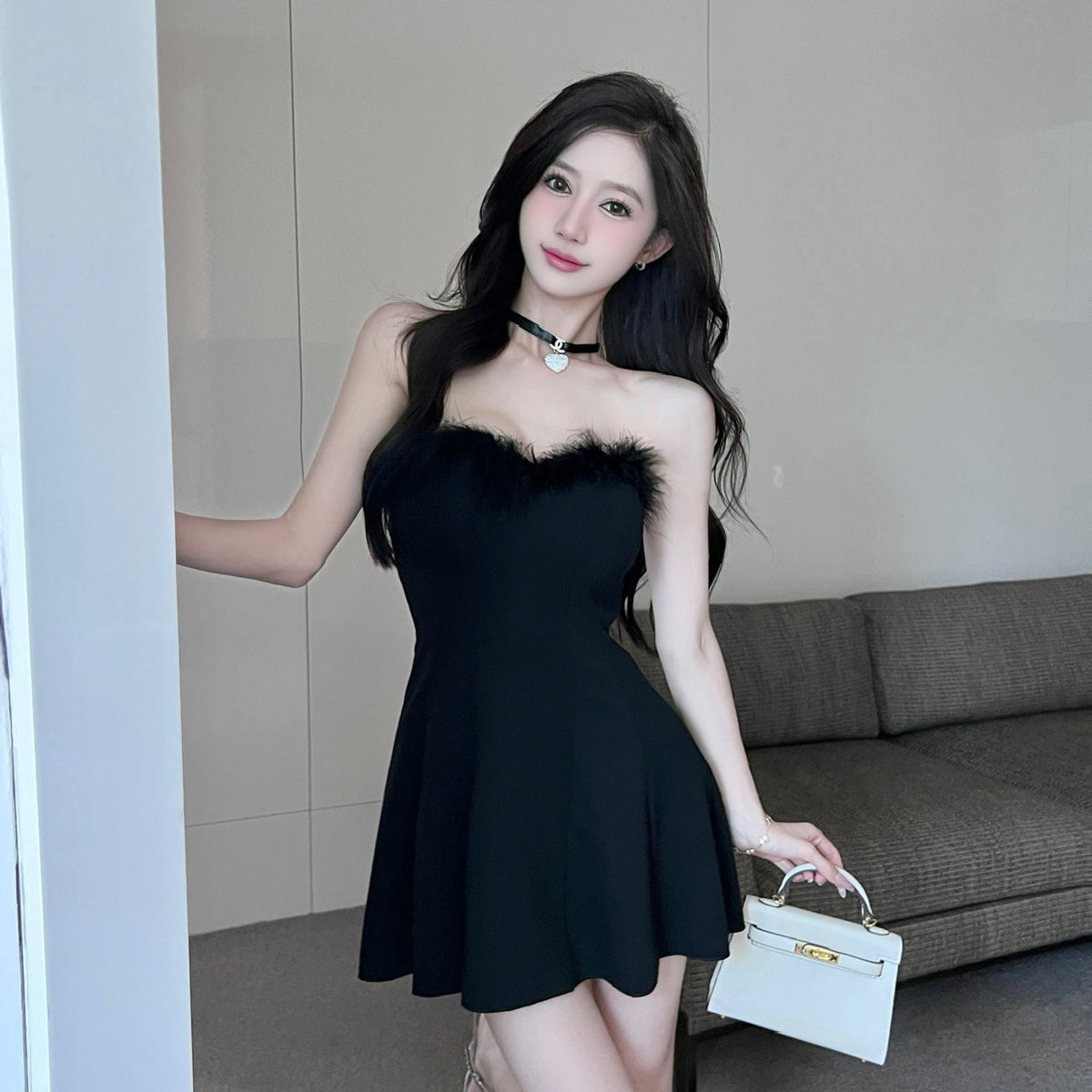 💕法式性感毛毛拼接抹胸大擺連衣裙