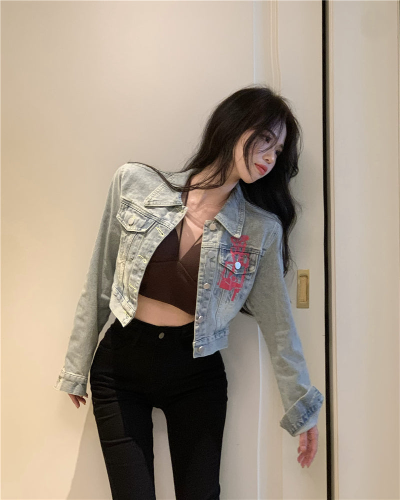 💕美式甜酷塗鴉字母印花短款夾克牛仔外套