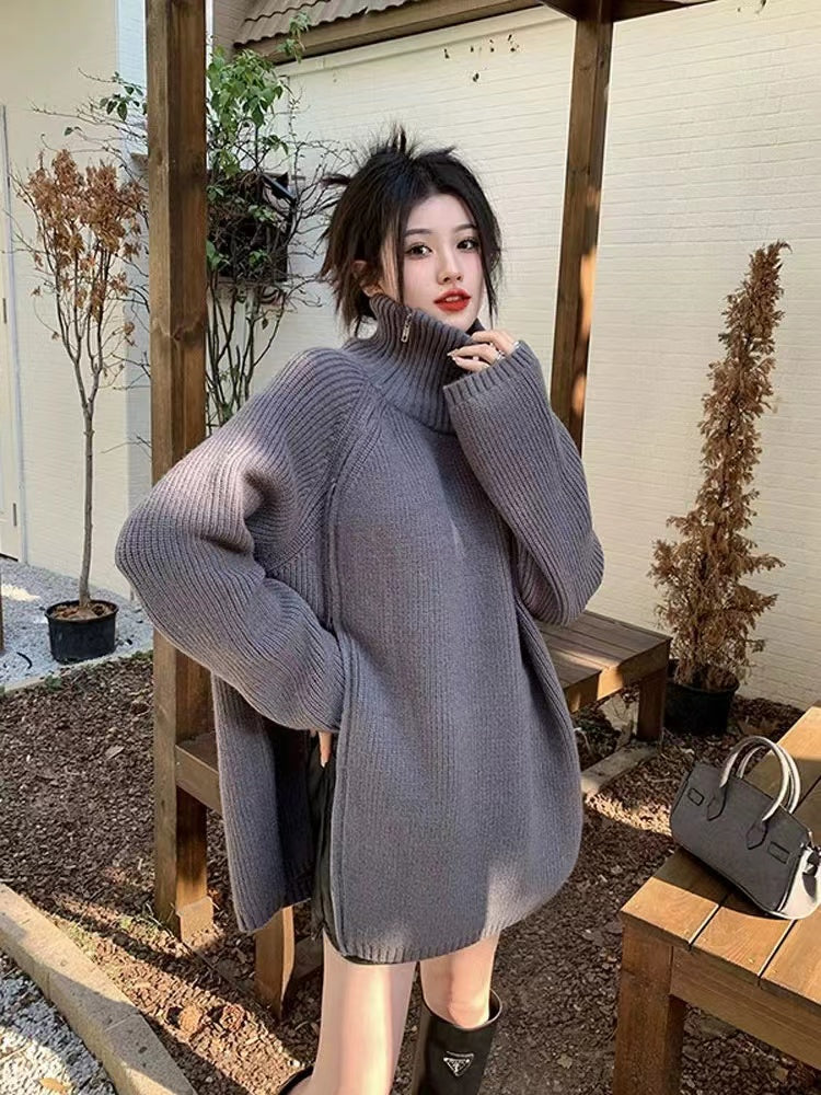 💕側邊拉鍊設計感高領慵懶中長毛衣