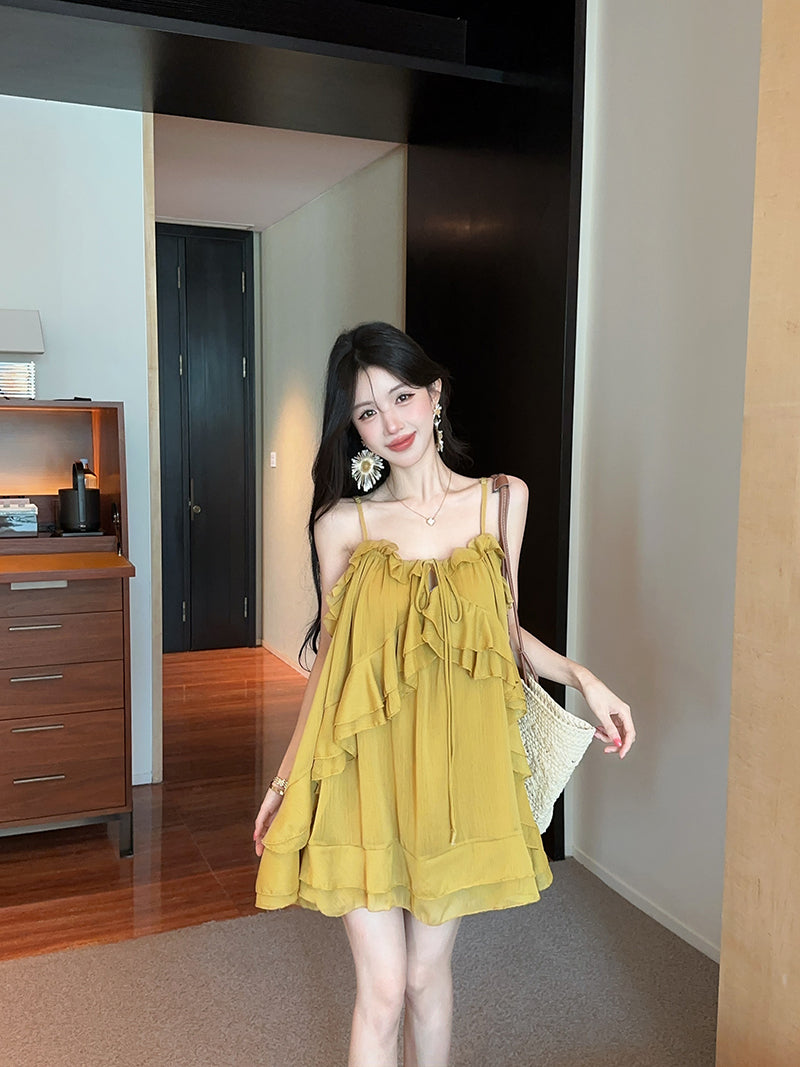 💕氣質重工吊帶荷葉邊不規則連衣裙