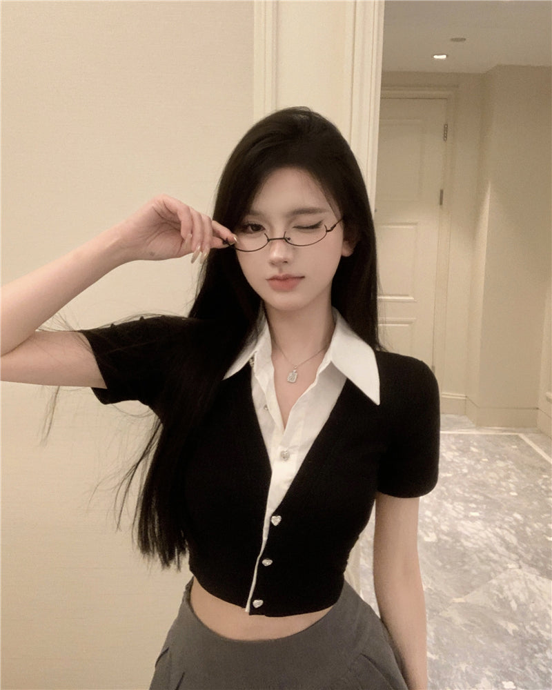 💕韓系氣質假兩件翻領修身短款針織衫