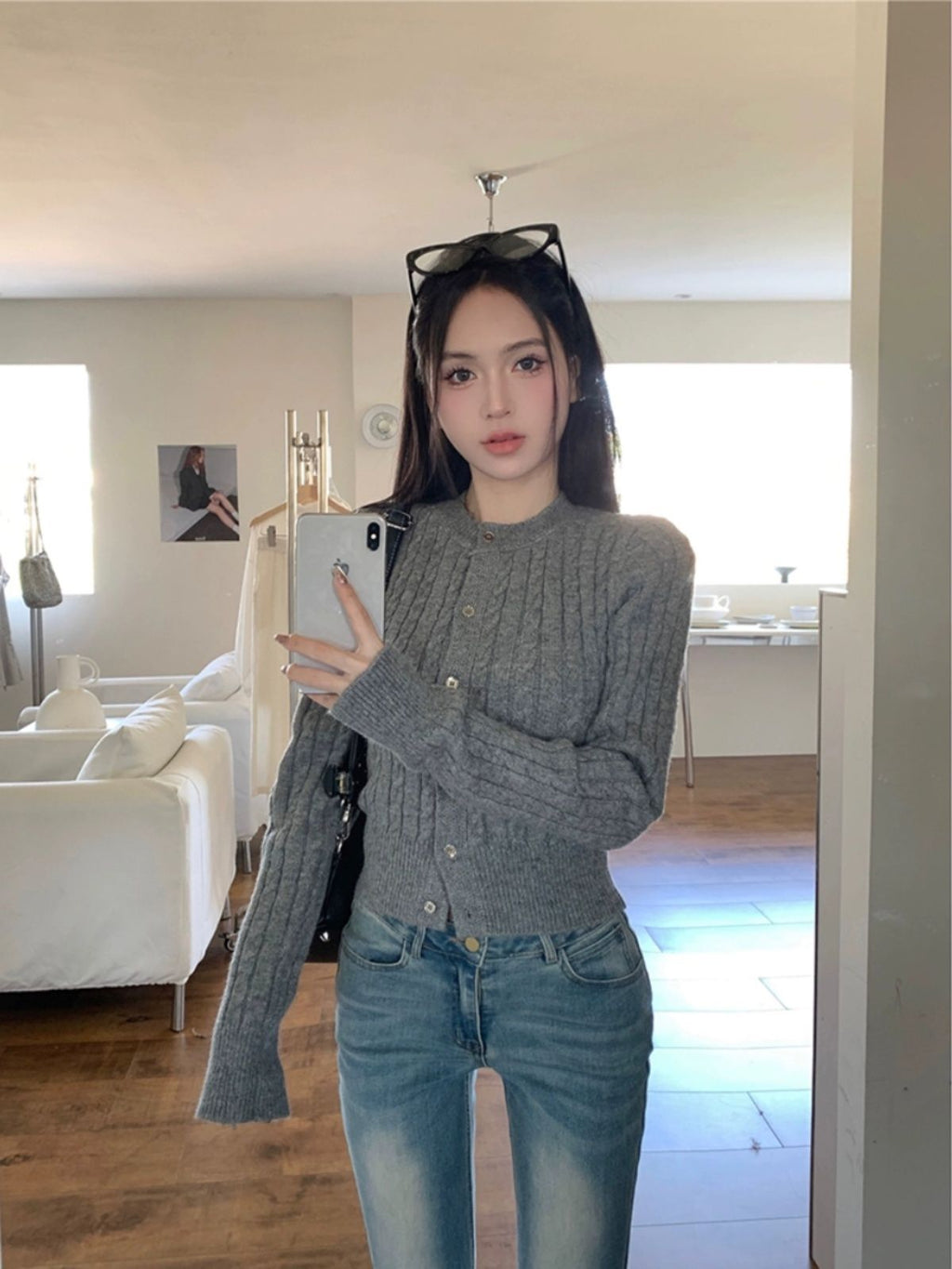 💕簡約休閒黑色短款麻花針織長袖上衣