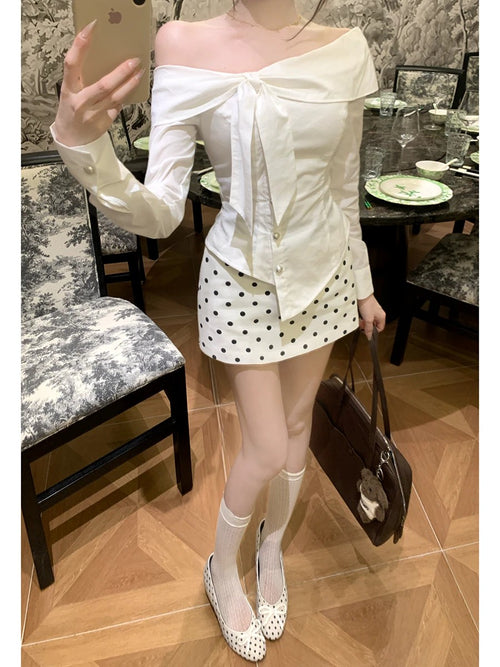 💕chic韓系一字領不規則上衣點點短裙套裝