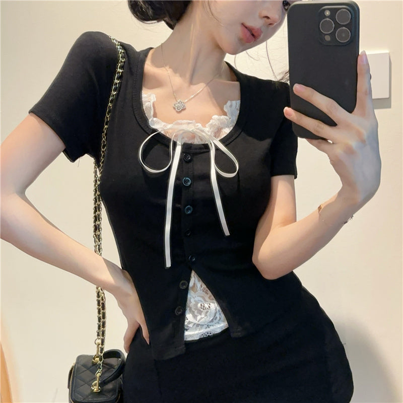 💕高級感假兩件短袖拼接蕾絲上衣