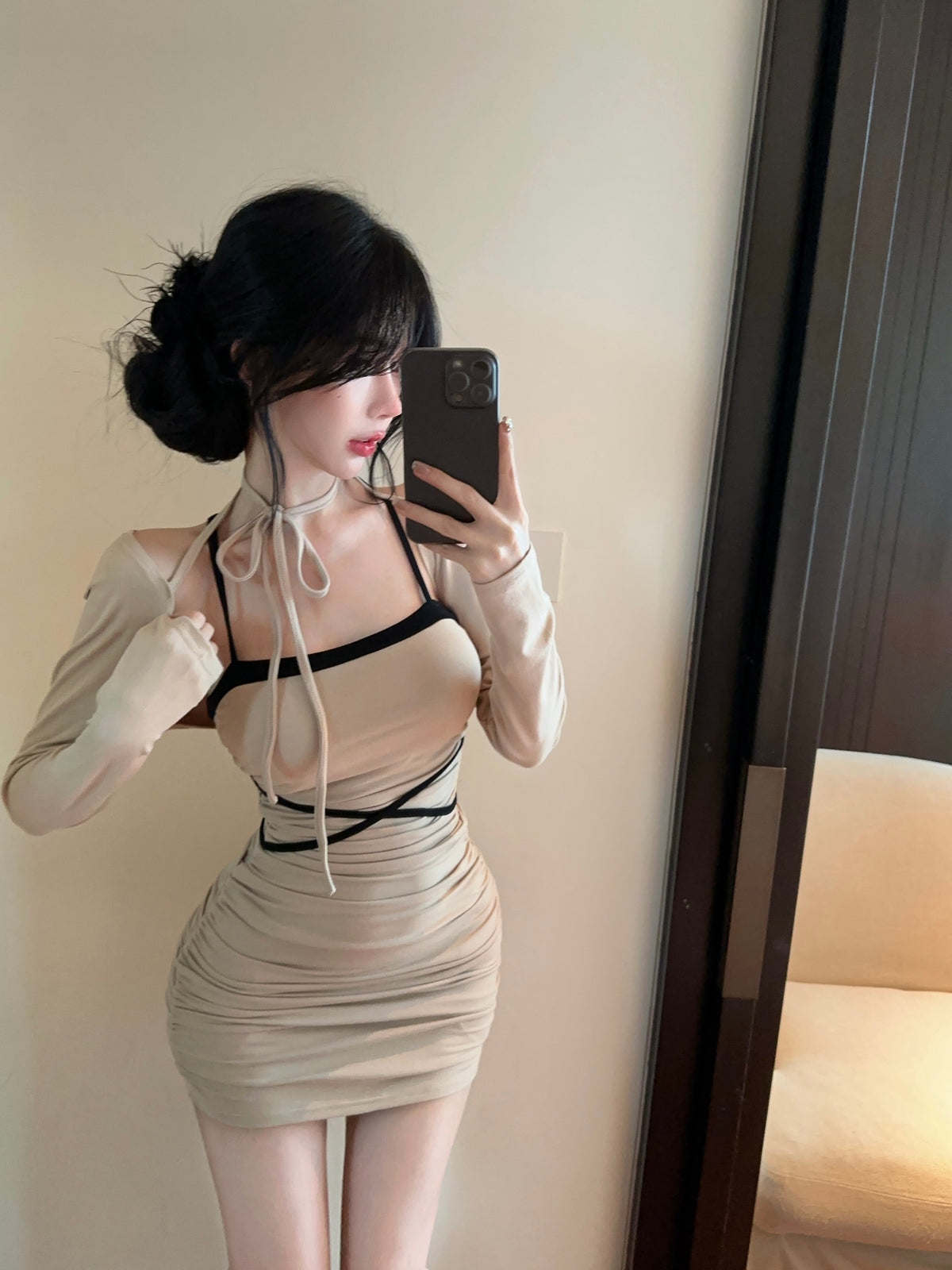 💕拚色系繩多種穿法包臀連身短裙+長袖短款罩衫兩件套