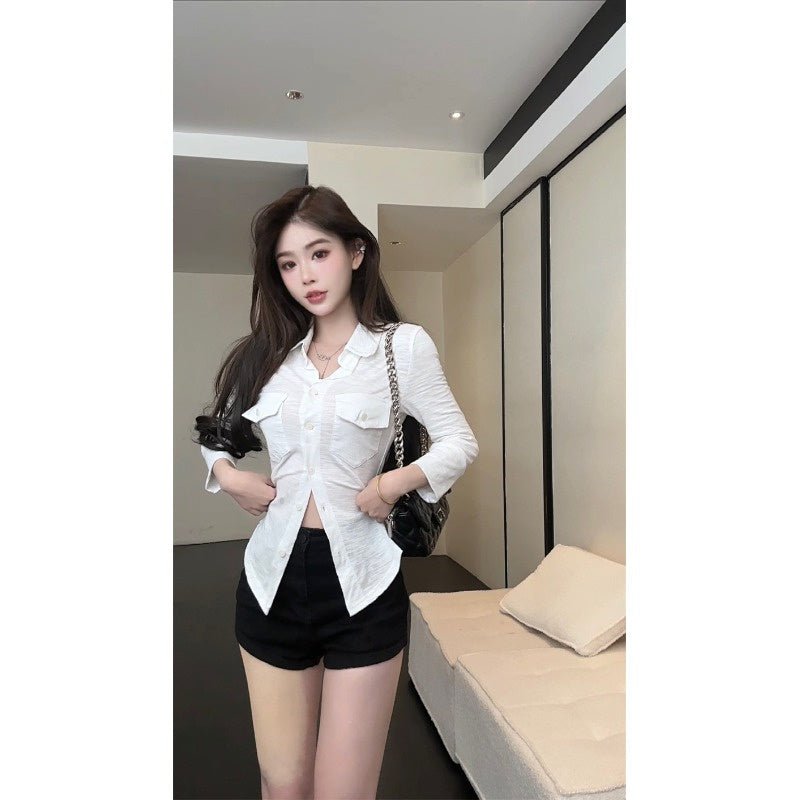 💕氣質純御性感翻領綁帶長袖襯衫