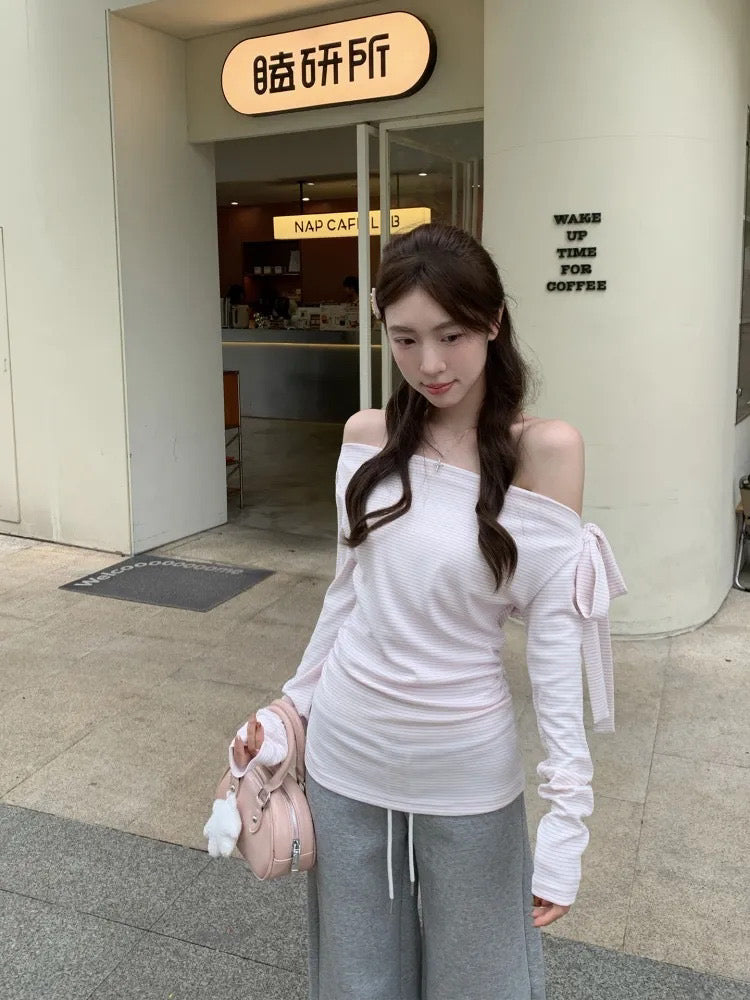 💕溫柔條紋露肩綁帶設計上衣